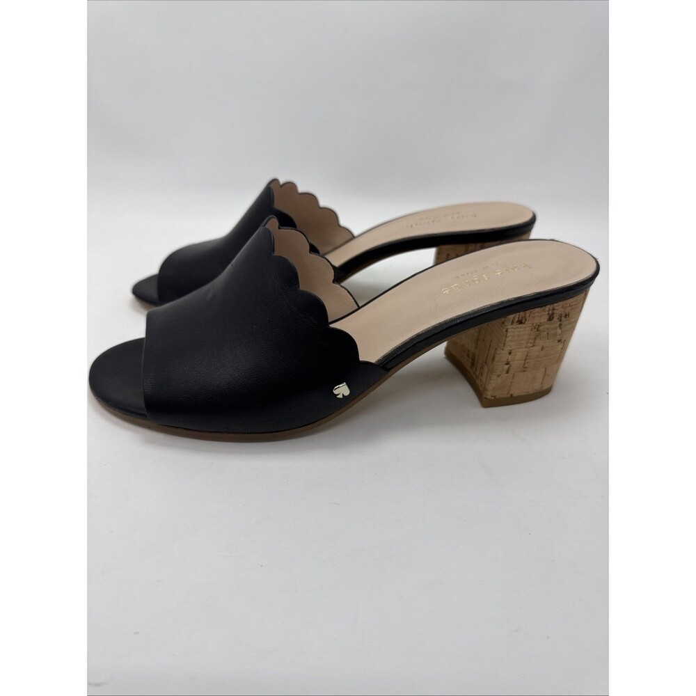 Kate Spade Black Leather Scalloped Edge Block Heel Open Toe Mules Women's 8.5M - Picture 4 of 10